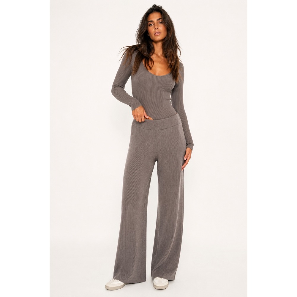 Zara Gray Ribbed Knit Wide Leg Pull‎ On Pants Women's Size S Minimalist